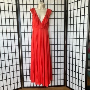 Zara Bright Red Dress Size L Pleats Plunge Neck Wedding Bridesmaid Spring